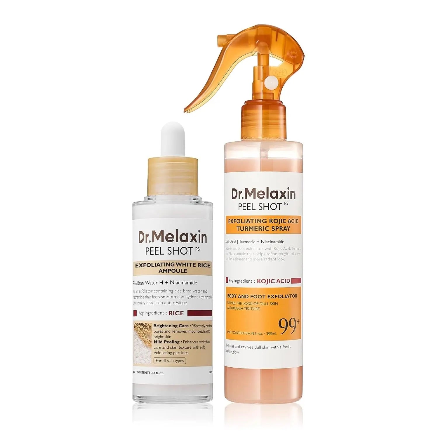 Dr.Melaxin Body & Face Peel Shot Duo Glow Rice Peeling Ampoule Kojic Acid & Turmeric spray visbiome